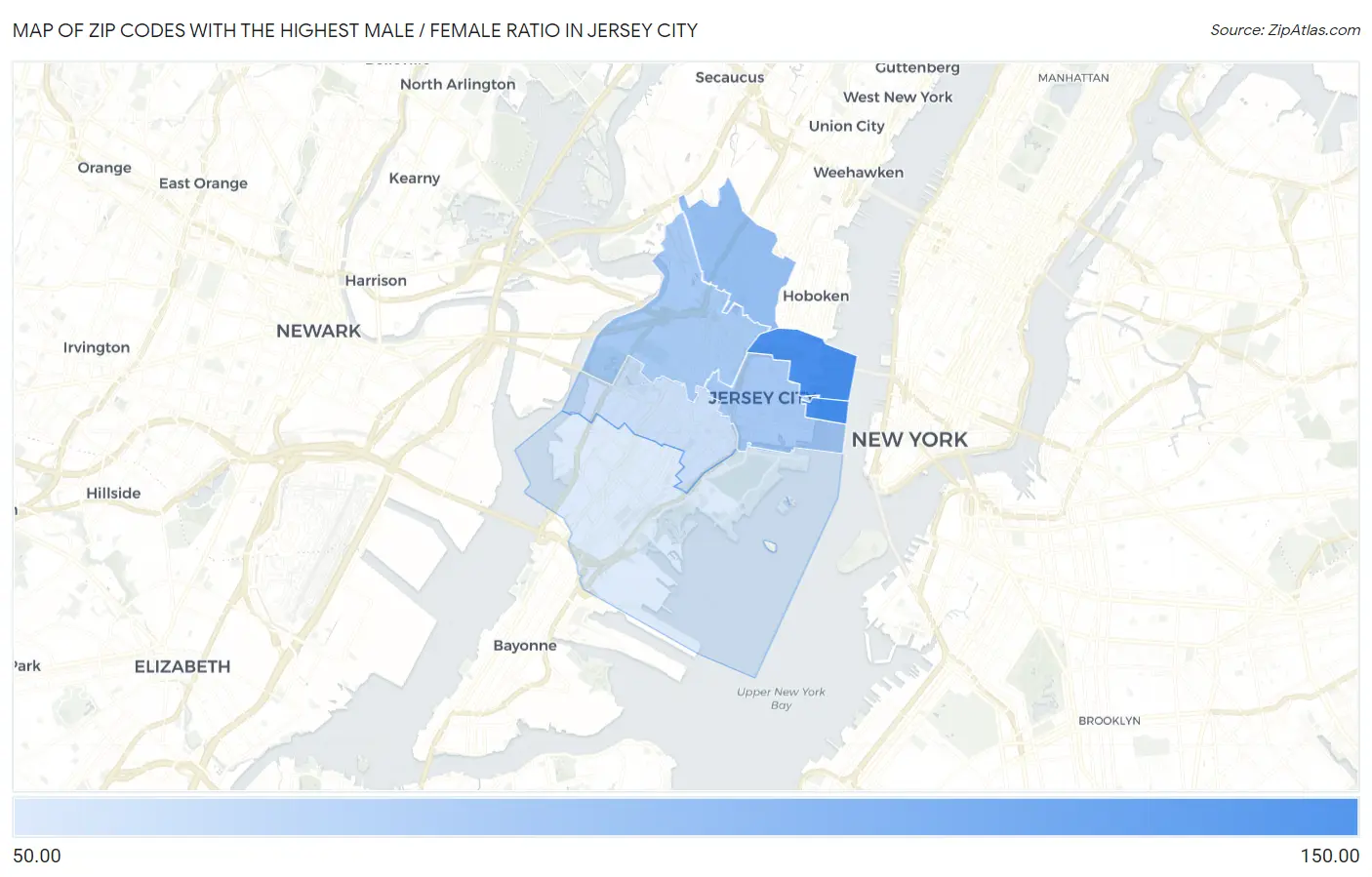 Zip Codes with the Highest Male / Female Ratio in Jersey City Map
