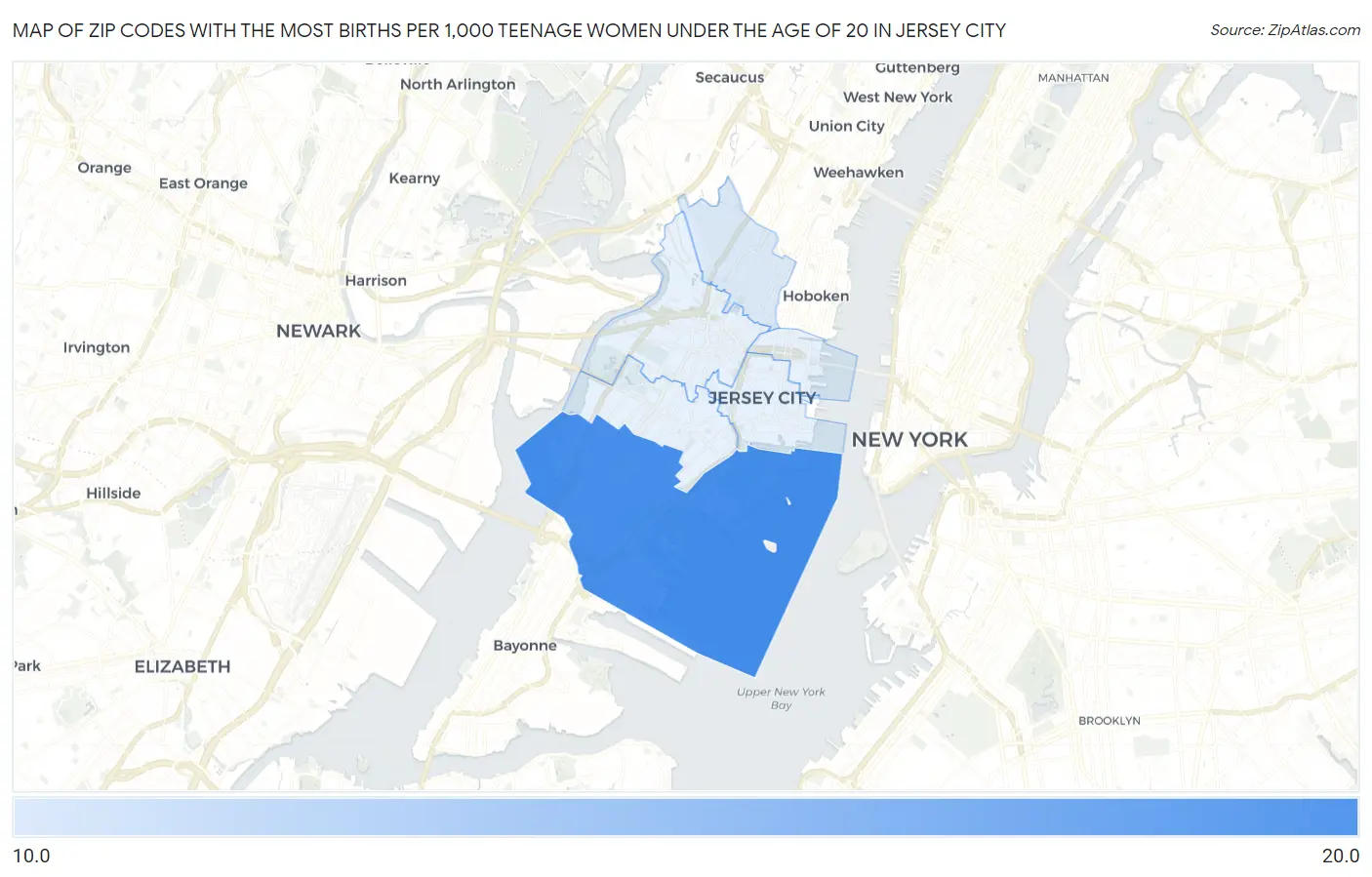 Zip Codes with the Most Births per 1,000 Teenage Women Under the Age of 20 in Jersey City Map