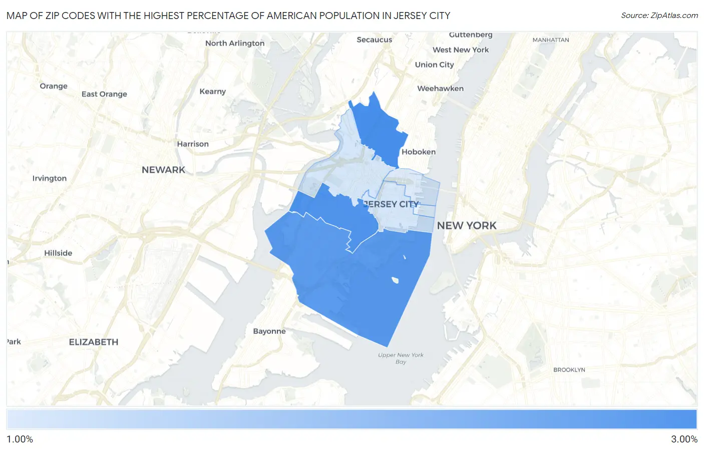 Zip Codes with the Highest Percentage of American Population in Jersey City Map
