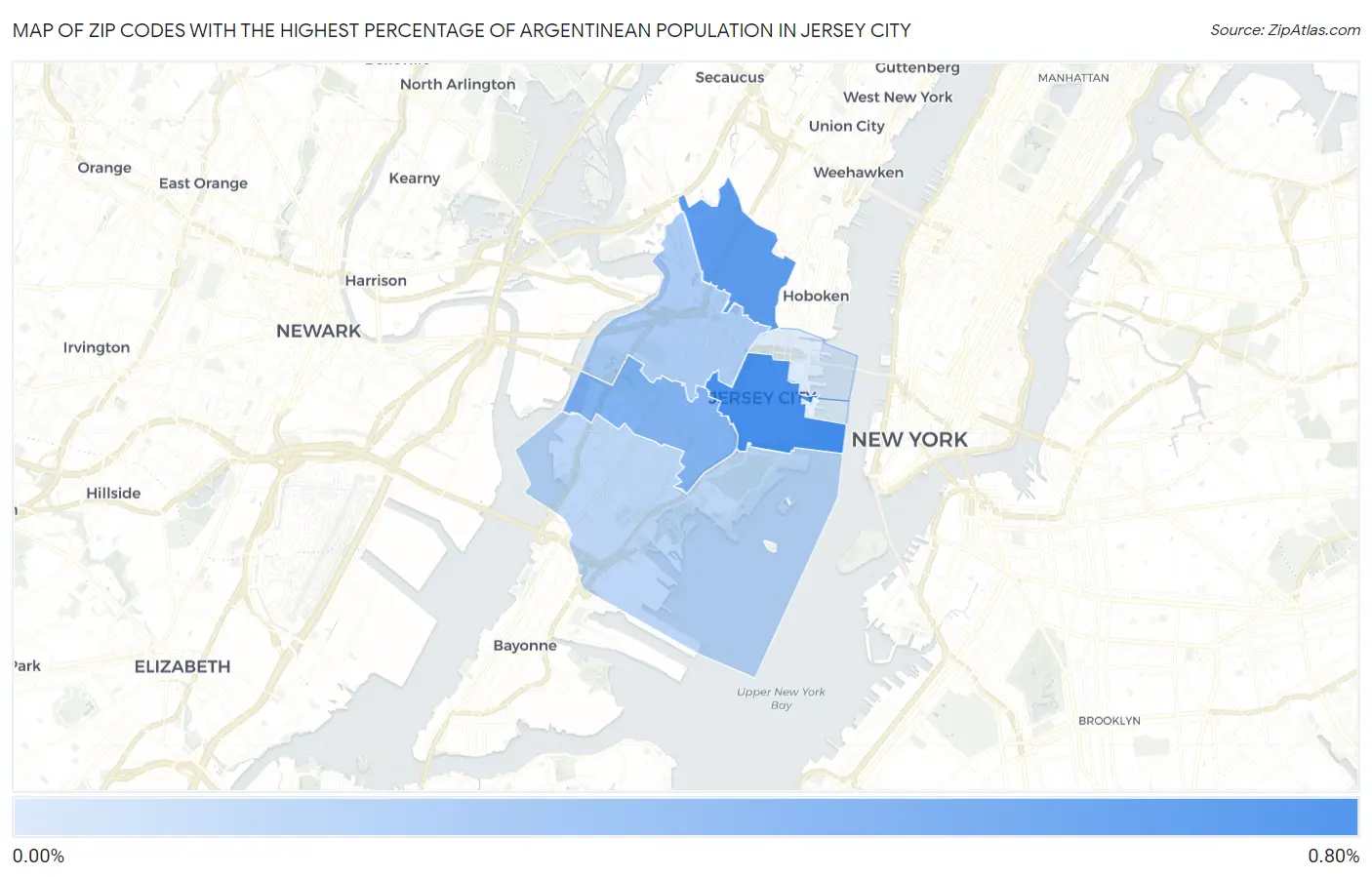 Zip Codes with the Highest Percentage of Argentinean Population in Jersey City Map