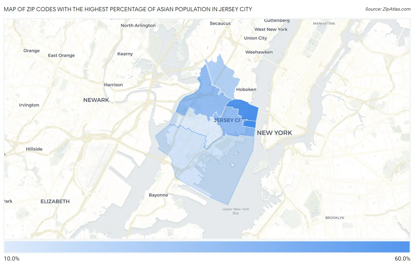 Zip Codes with the Highest Percentage of Asian Population in Jersey City Map