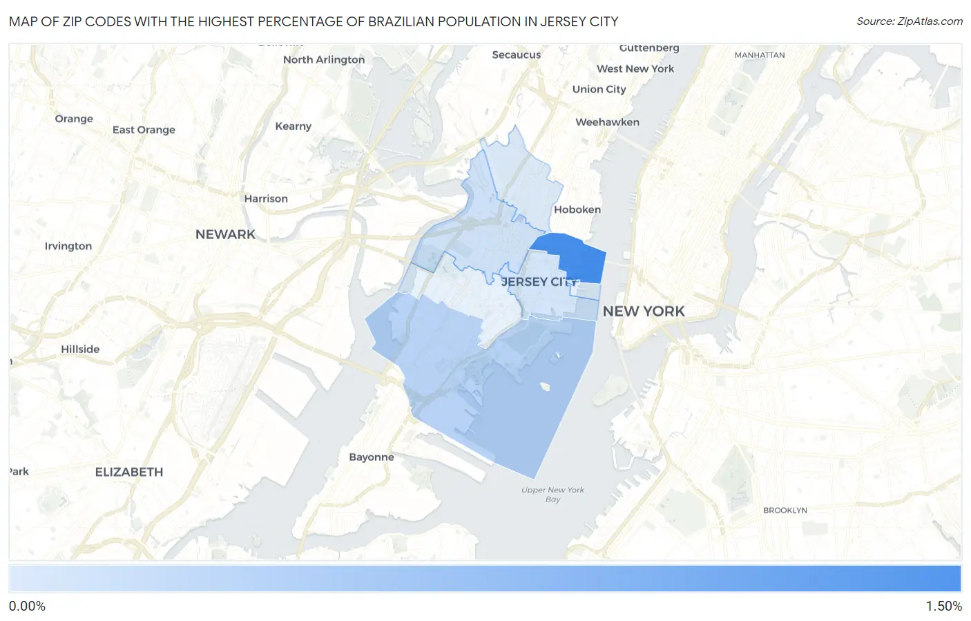 Zip Codes with the Highest Percentage of Brazilian Population in Jersey City Map