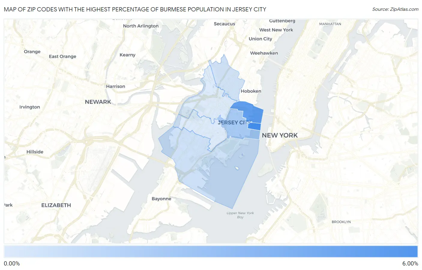 Zip Codes with the Highest Percentage of Burmese Population in Jersey City Map