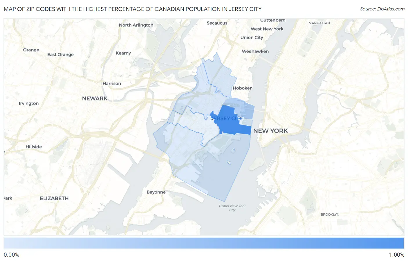 Zip Codes with the Highest Percentage of Canadian Population in Jersey City Map