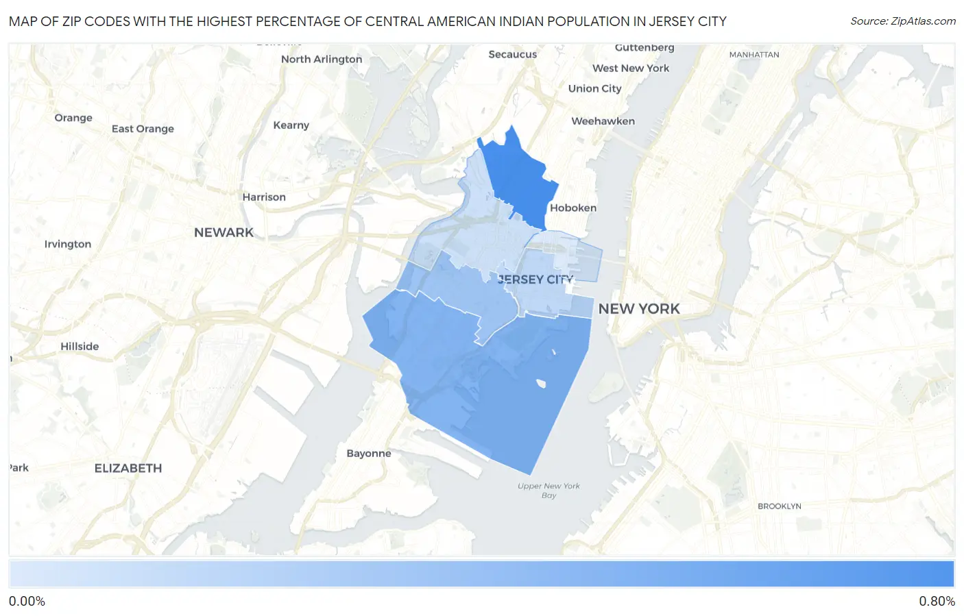 Zip Codes with the Highest Percentage of Central American Indian Population in Jersey City Map