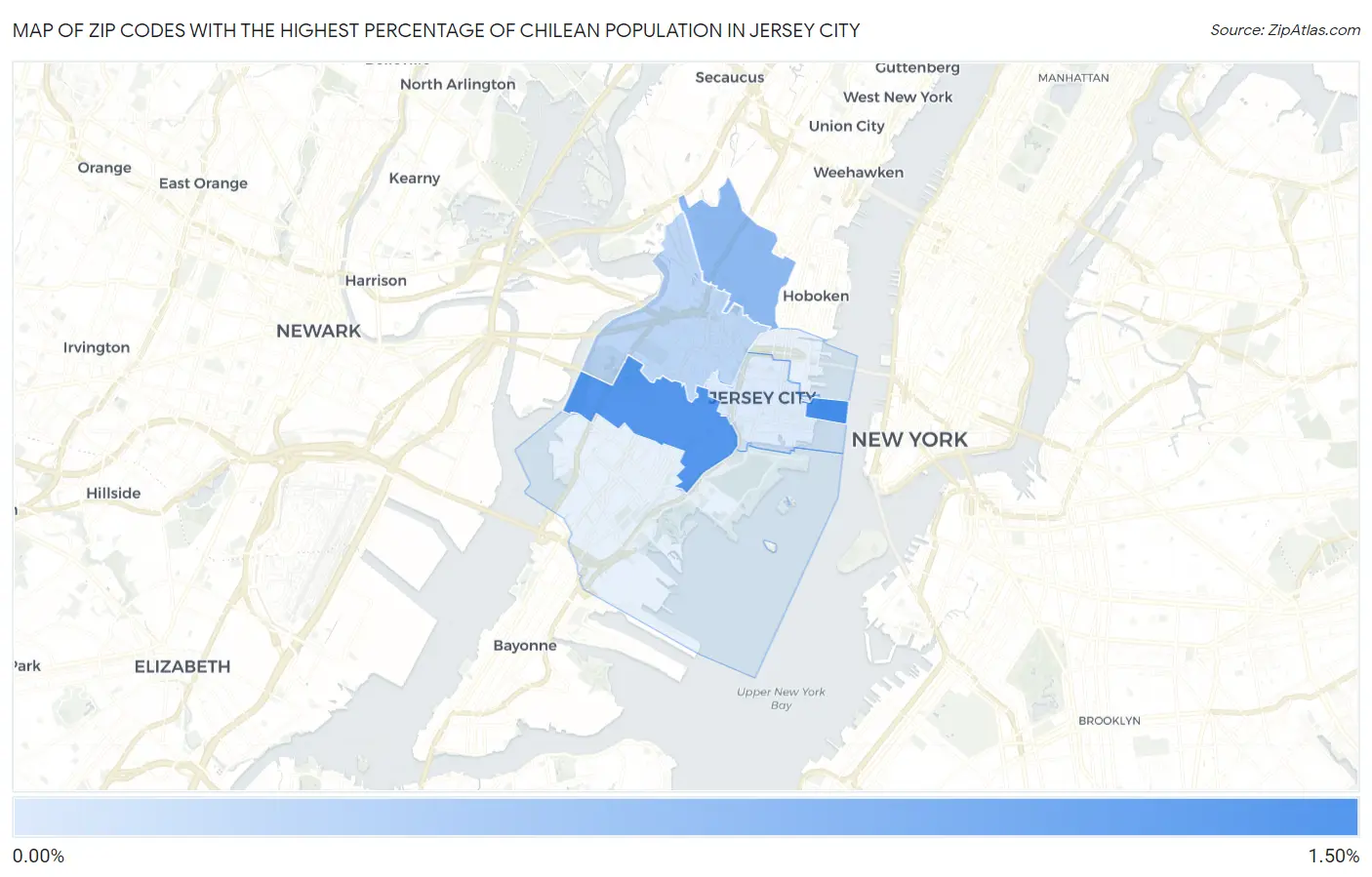 Zip Codes with the Highest Percentage of Chilean Population in Jersey City Map