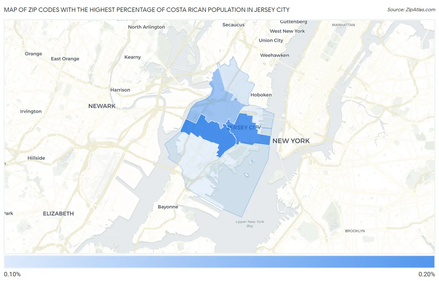 Zip Codes with the Highest Percentage of Costa Rican Population in Jersey City Map