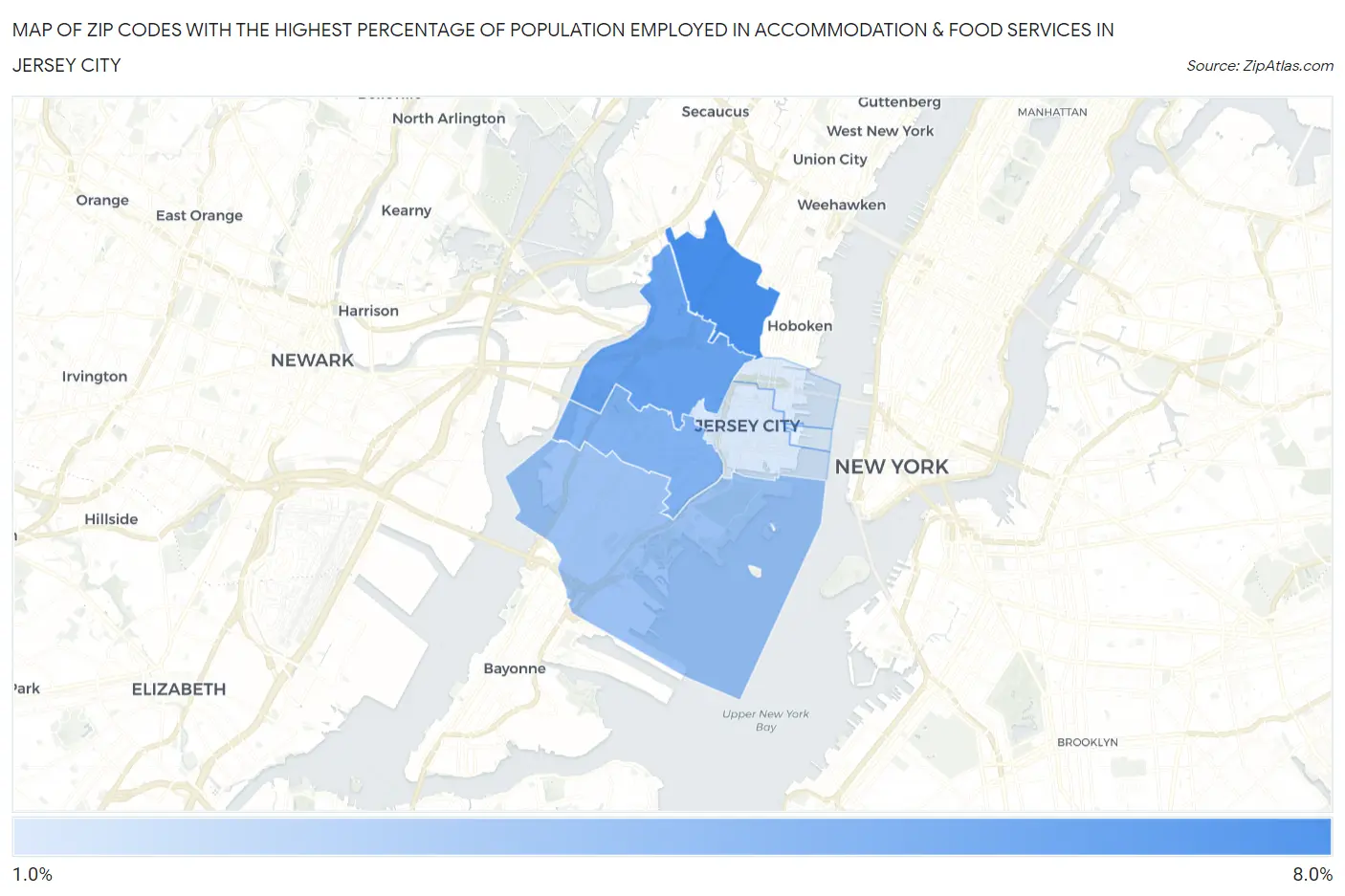 Zip Codes with the Highest Percentage of Population Employed in Accommodation & Food Services in Jersey City Map