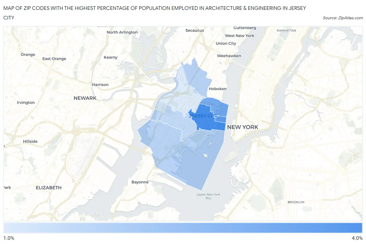 Zip Codes with the Highest Percentage of Population Employed in Architecture & Engineering in Jersey City Map