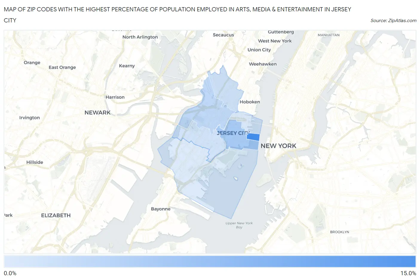 Zip Codes with the Highest Percentage of Population Employed in Arts, Media & Entertainment in Jersey City Map