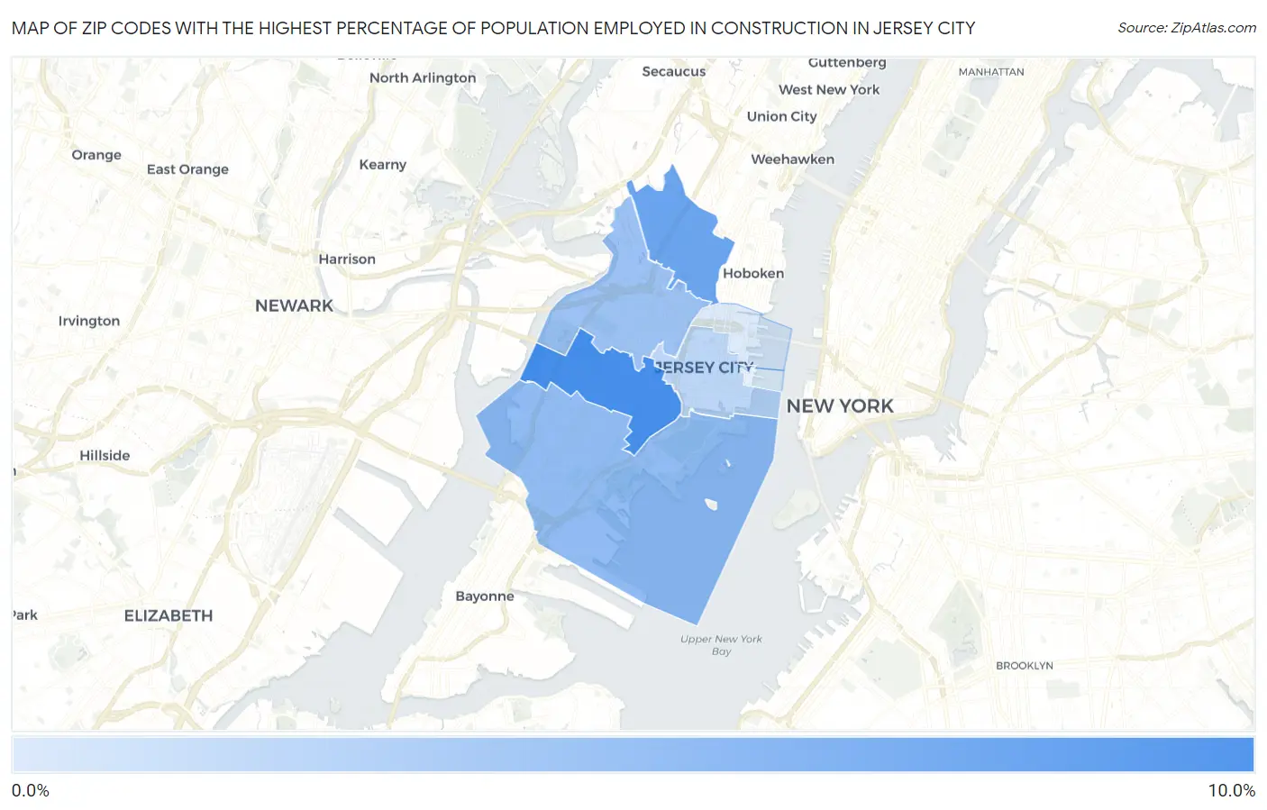 Zip Codes with the Highest Percentage of Population Employed in Construction in Jersey City Map