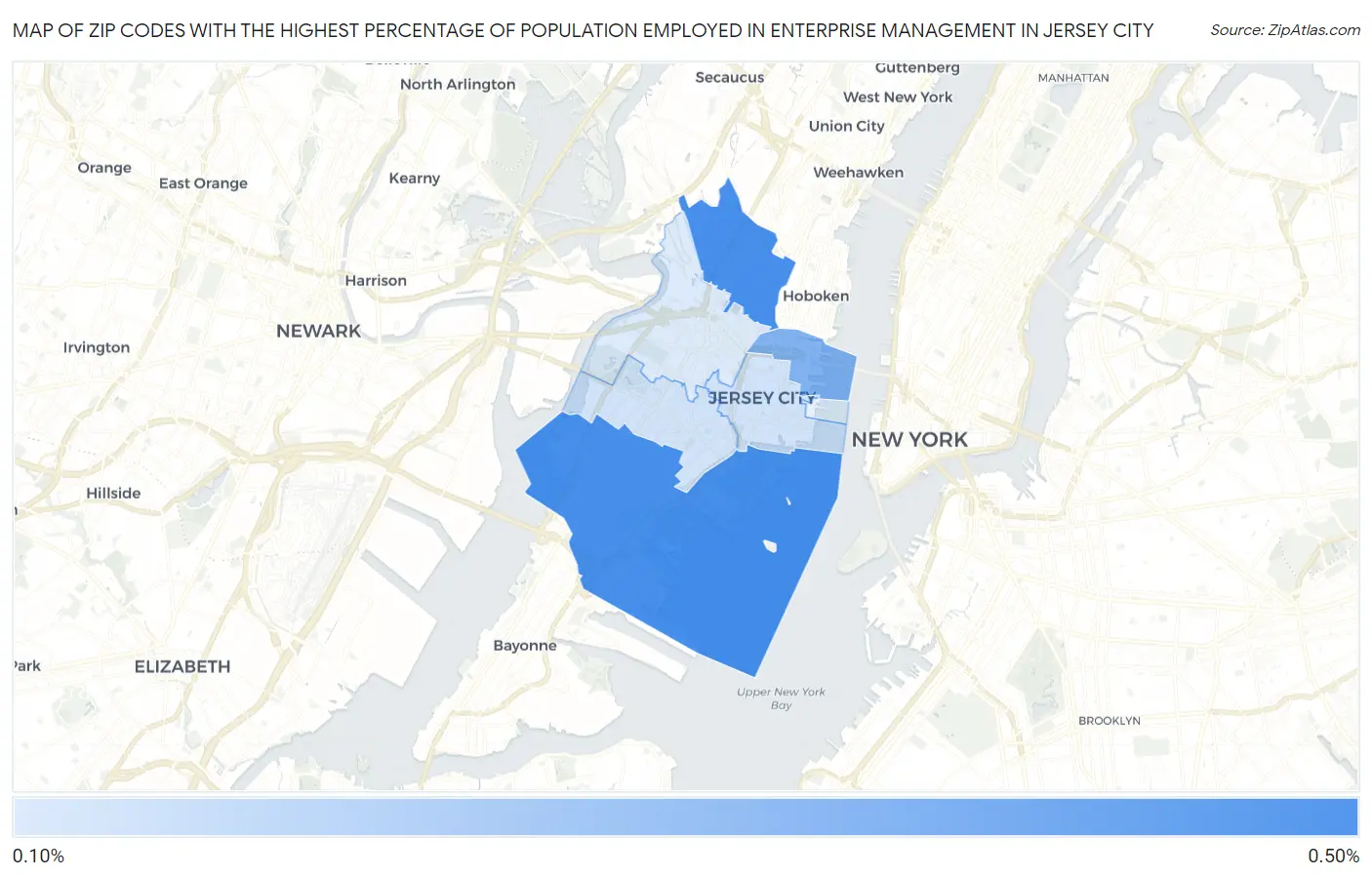 Zip Codes with the Highest Percentage of Population Employed in Enterprise Management in Jersey City Map