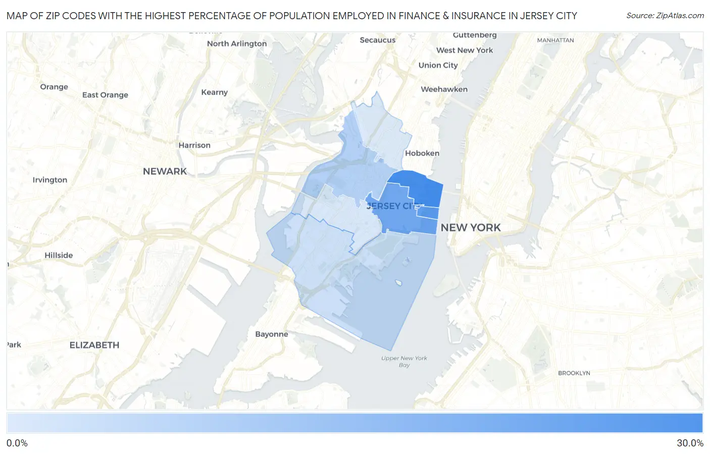 Zip Codes with the Highest Percentage of Population Employed in Finance & Insurance in Jersey City Map