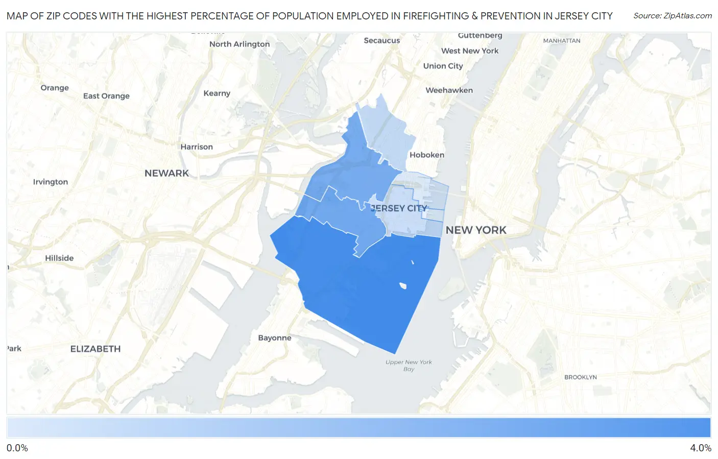 Zip Codes with the Highest Percentage of Population Employed in Firefighting & Prevention in Jersey City Map