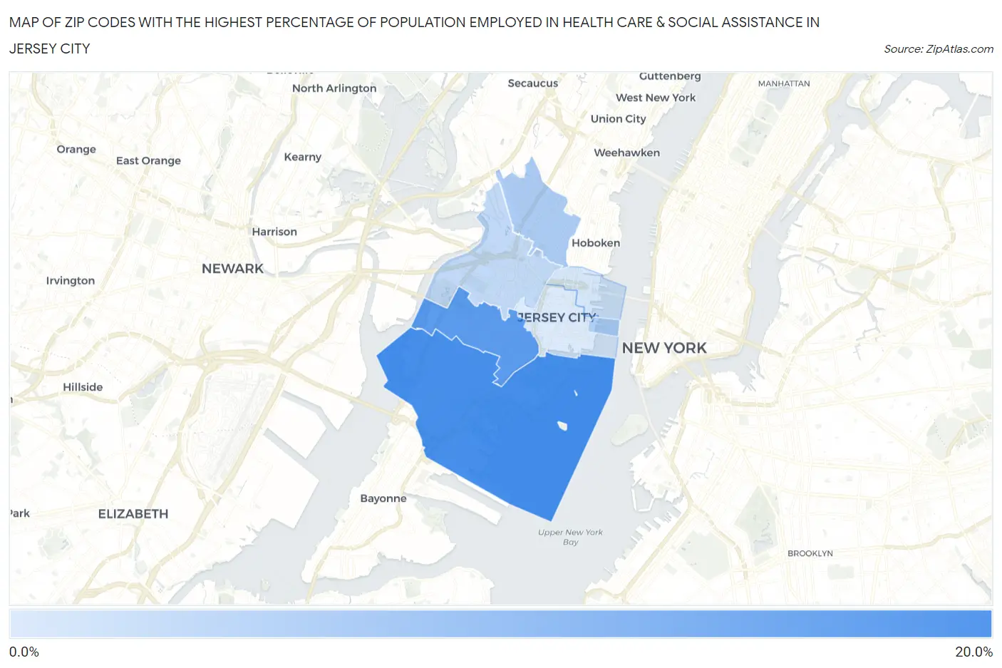 Zip Codes with the Highest Percentage of Population Employed in Health Care & Social Assistance in Jersey City Map