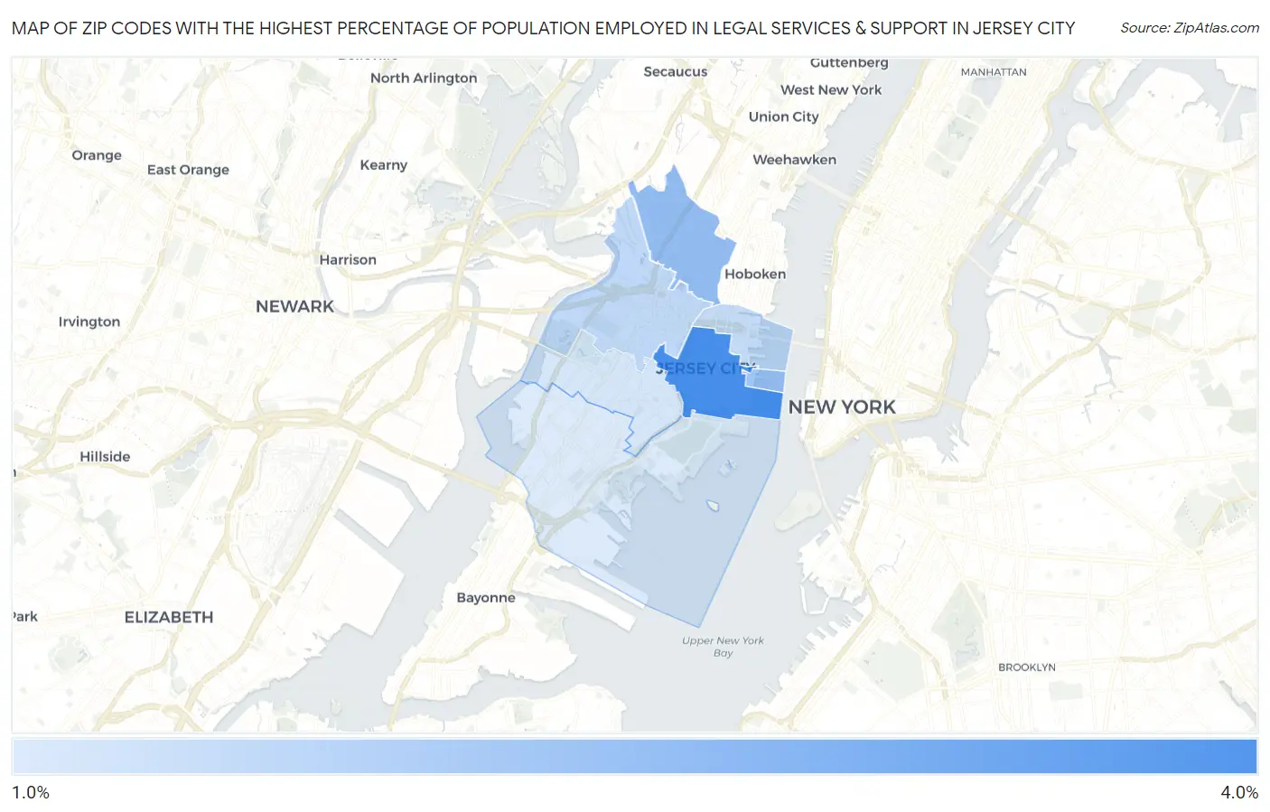 Zip Codes with the Highest Percentage of Population Employed in Legal Services & Support in Jersey City Map