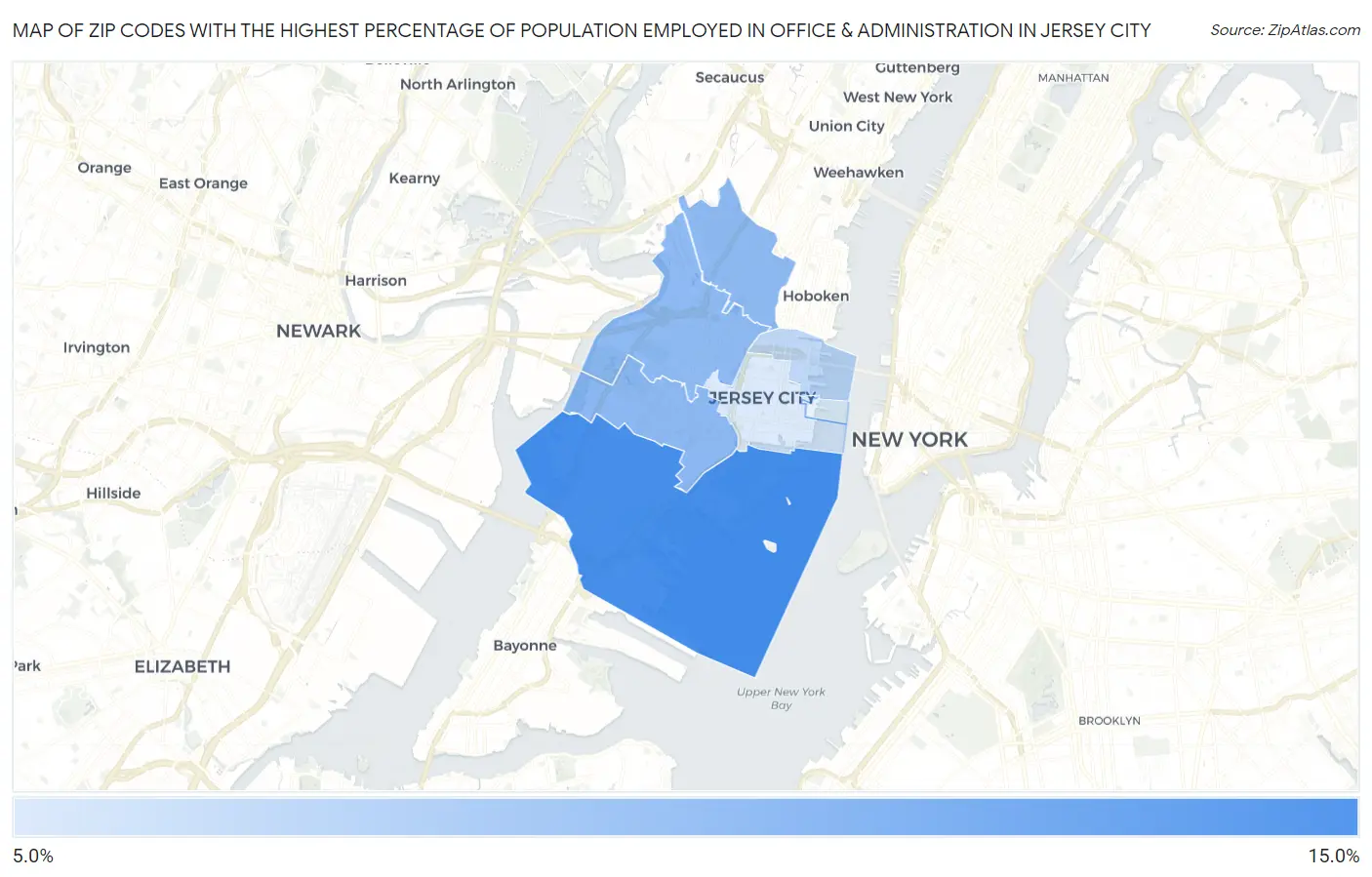Zip Codes with the Highest Percentage of Population Employed in Office & Administration in Jersey City Map