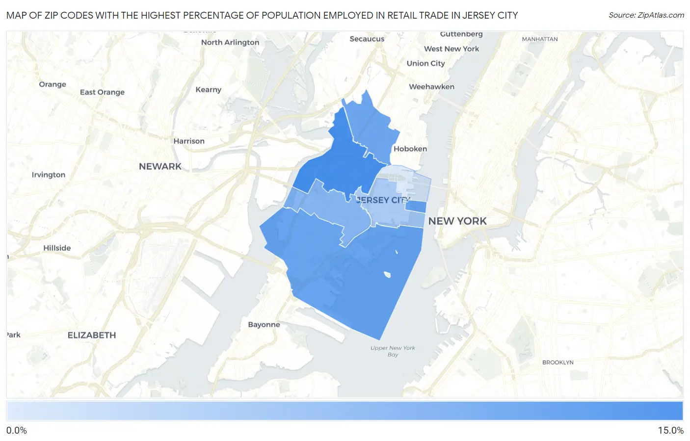 Zip Codes with the Highest Percentage of Population Employed in Retail Trade in Jersey City Map