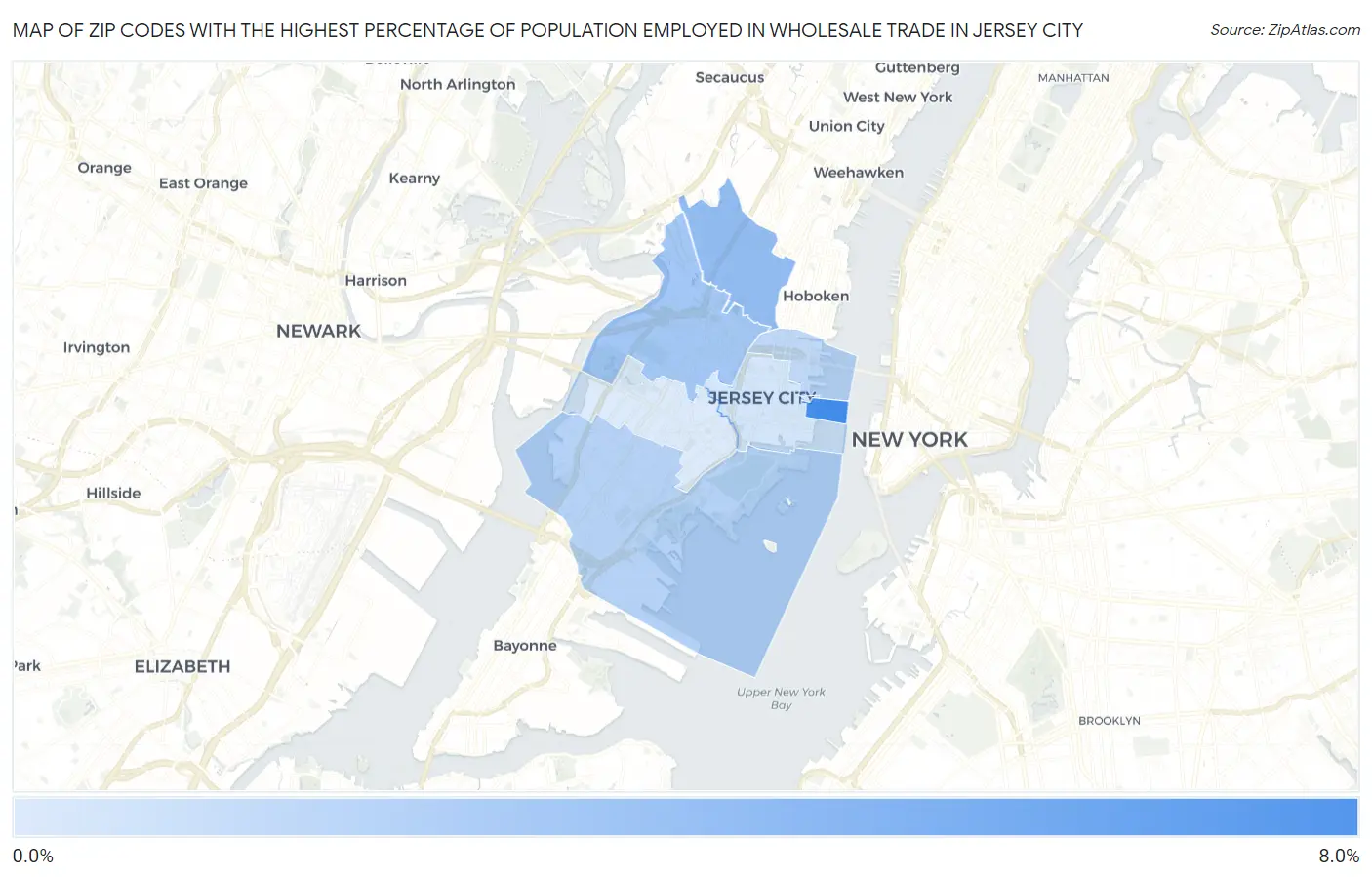 Zip Codes with the Highest Percentage of Population Employed in Wholesale Trade in Jersey City Map