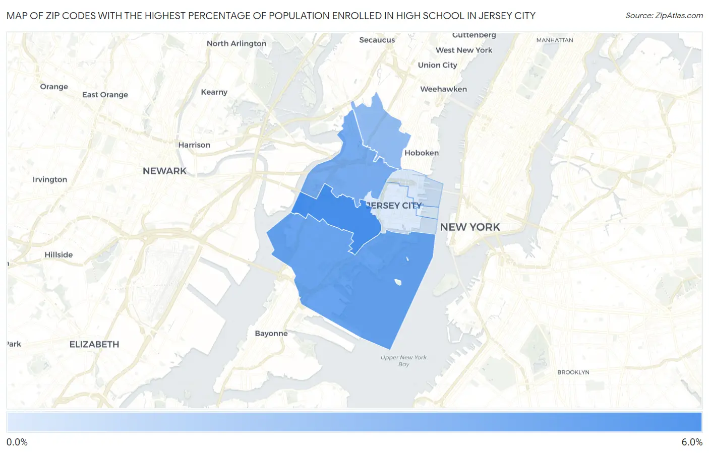 Zip Codes with the Highest Percentage of Population Enrolled in High School in Jersey City Map