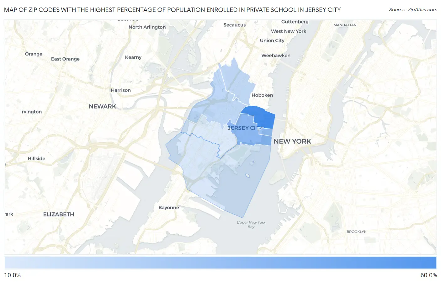 Zip Codes with the Highest Percentage of Population Enrolled in Private School in Jersey City Map