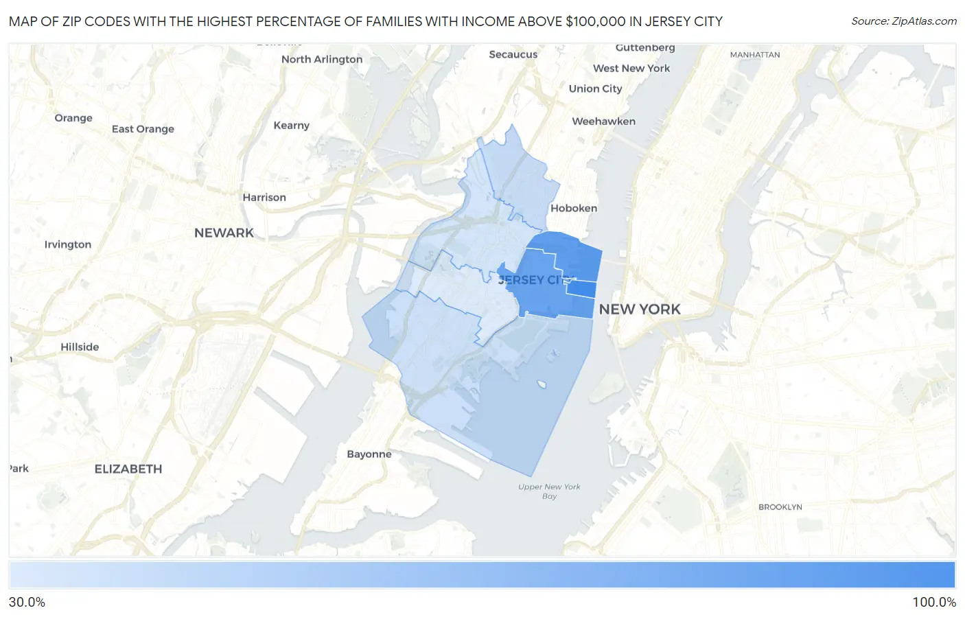 Zip Codes with the Highest Percentage of Families with Income Above $100,000 in Jersey City Map