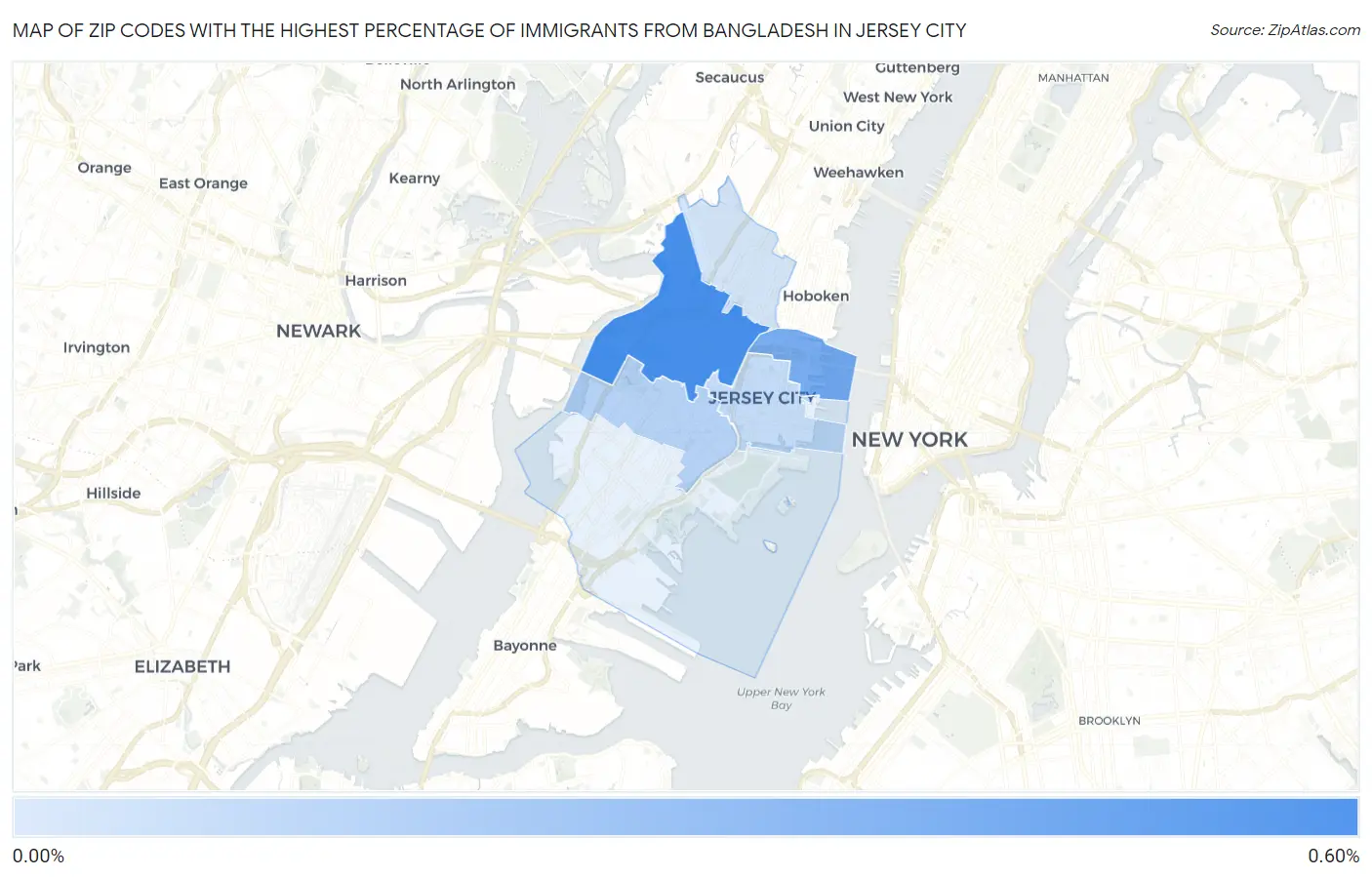 Zip Codes with the Highest Percentage of Immigrants from Bangladesh in Jersey City Map