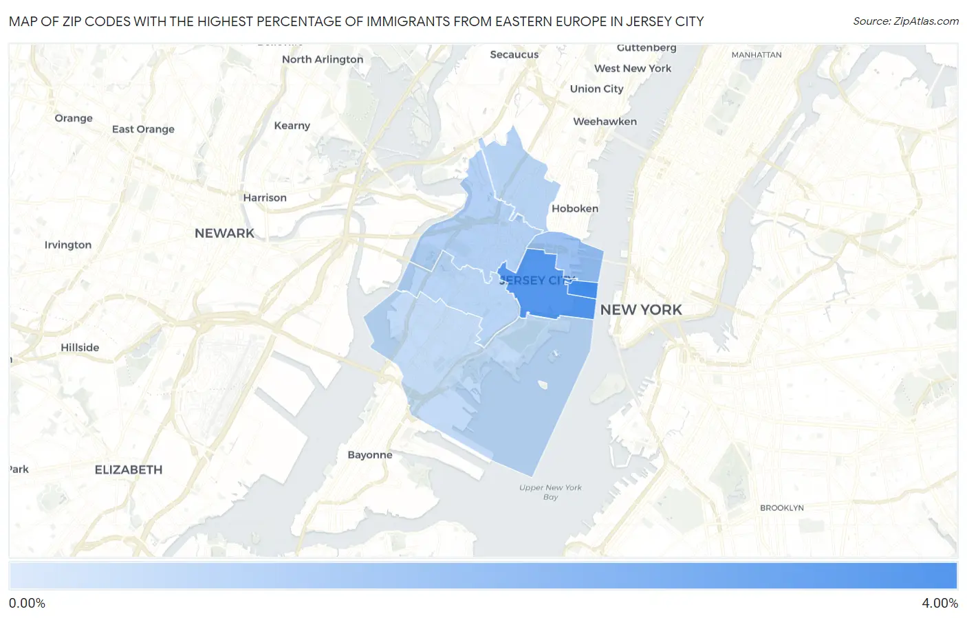 Zip Codes with the Highest Percentage of Immigrants from Eastern Europe in Jersey City Map