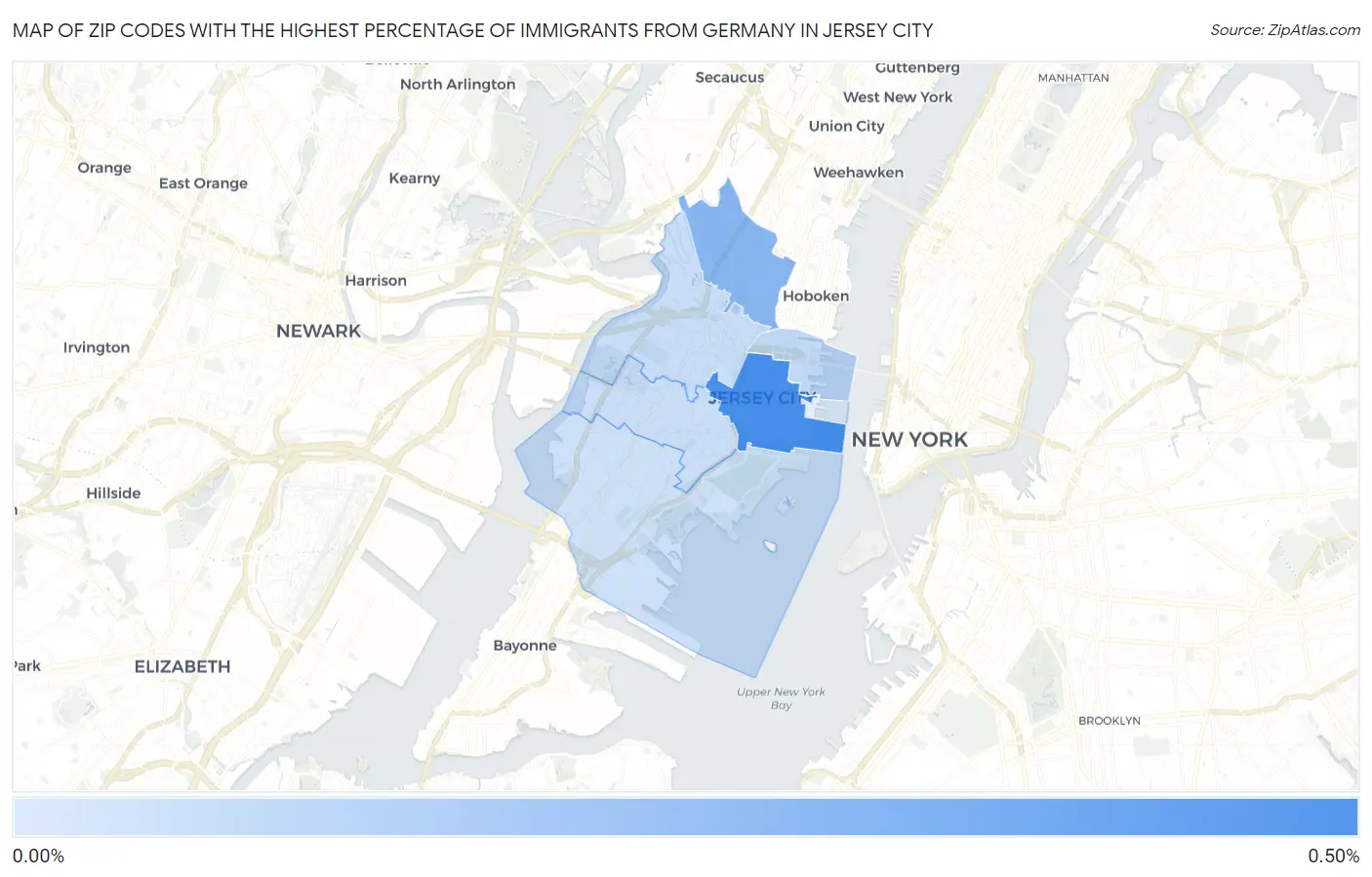 Zip Codes with the Highest Percentage of Immigrants from Germany in Jersey City Map