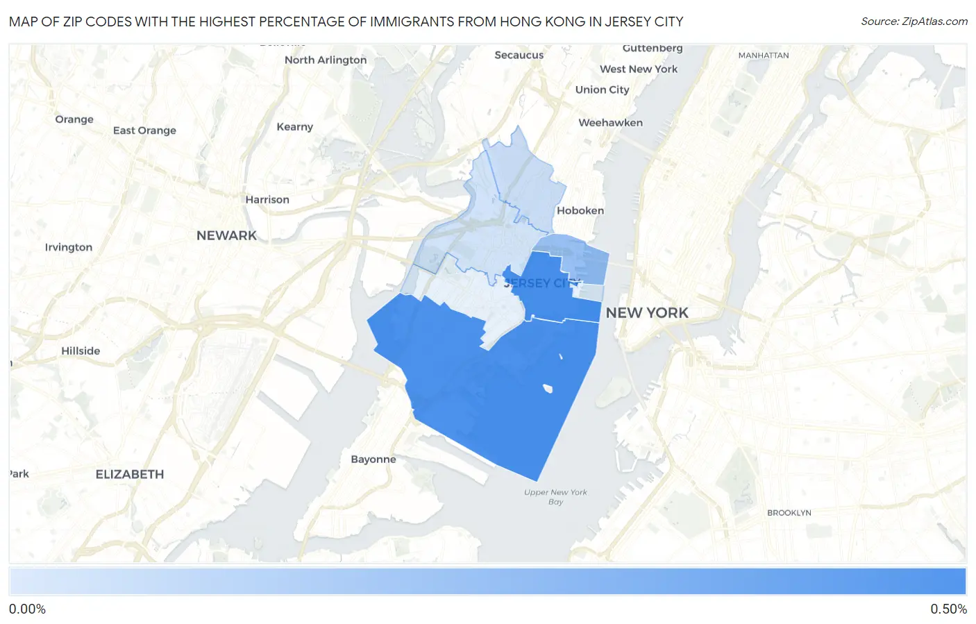 Zip Codes with the Highest Percentage of Immigrants from Hong Kong in Jersey City Map