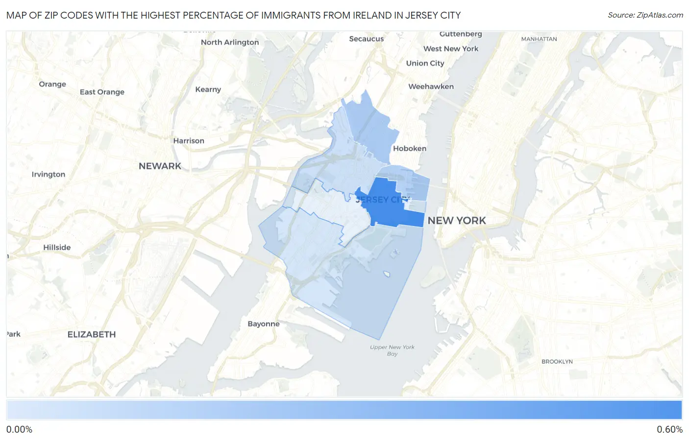 Zip Codes with the Highest Percentage of Immigrants from Ireland in Jersey City Map