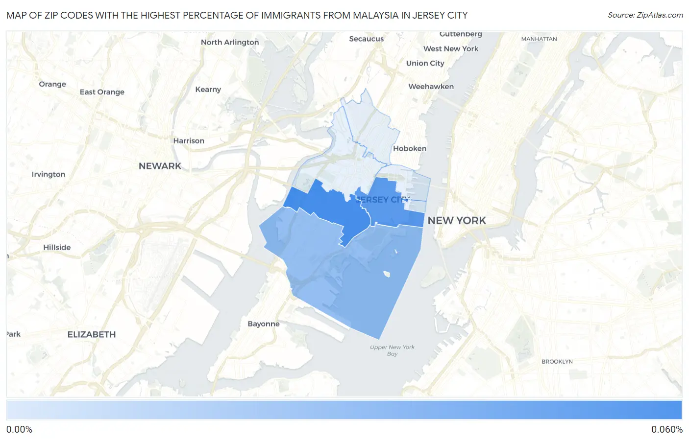 Zip Codes with the Highest Percentage of Immigrants from Malaysia in Jersey City Map