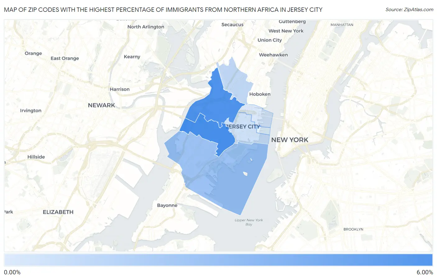 Zip Codes with the Highest Percentage of Immigrants from Northern Africa in Jersey City Map