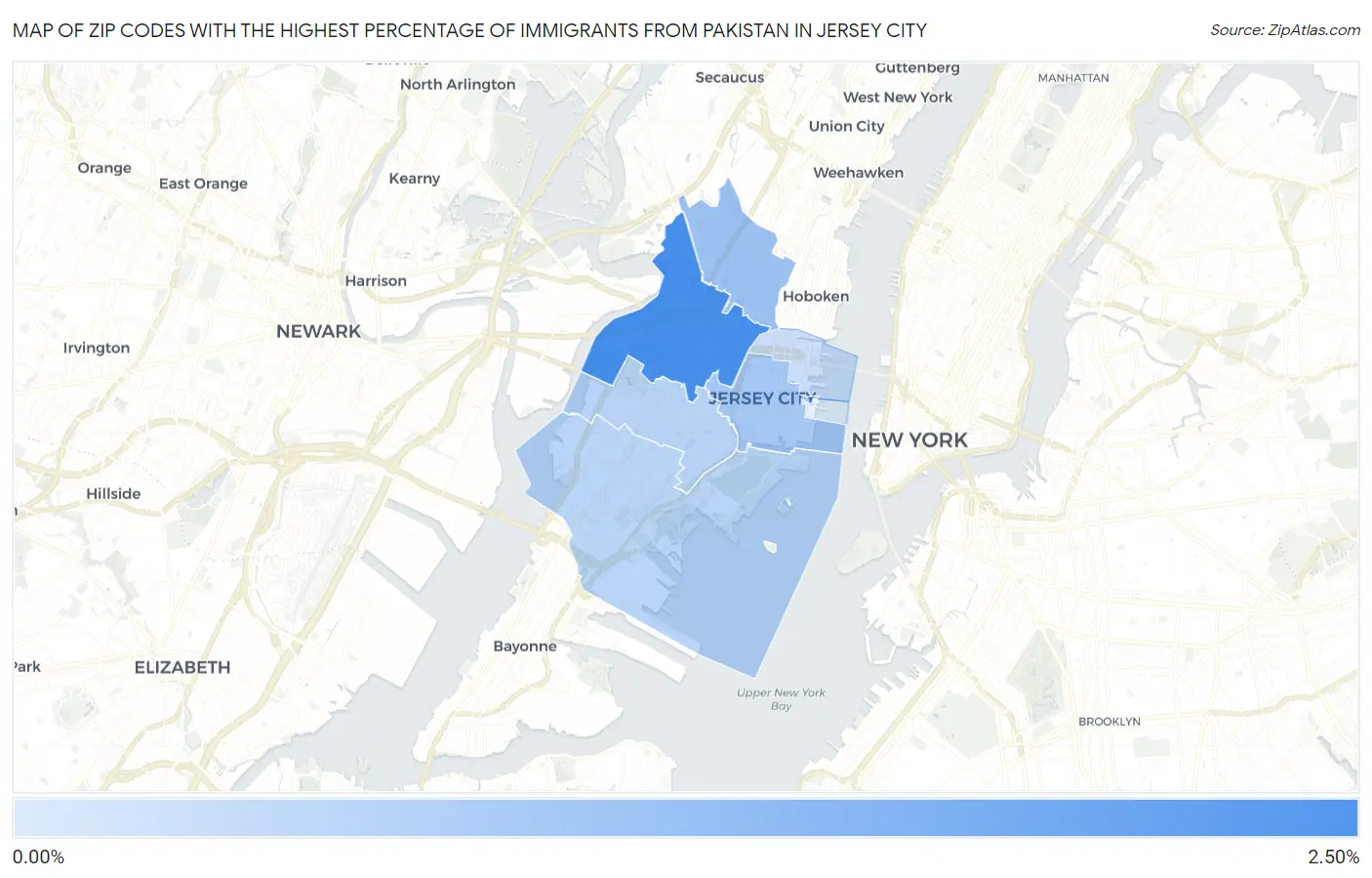 Zip Codes with the Highest Percentage of Immigrants from Pakistan in Jersey City Map