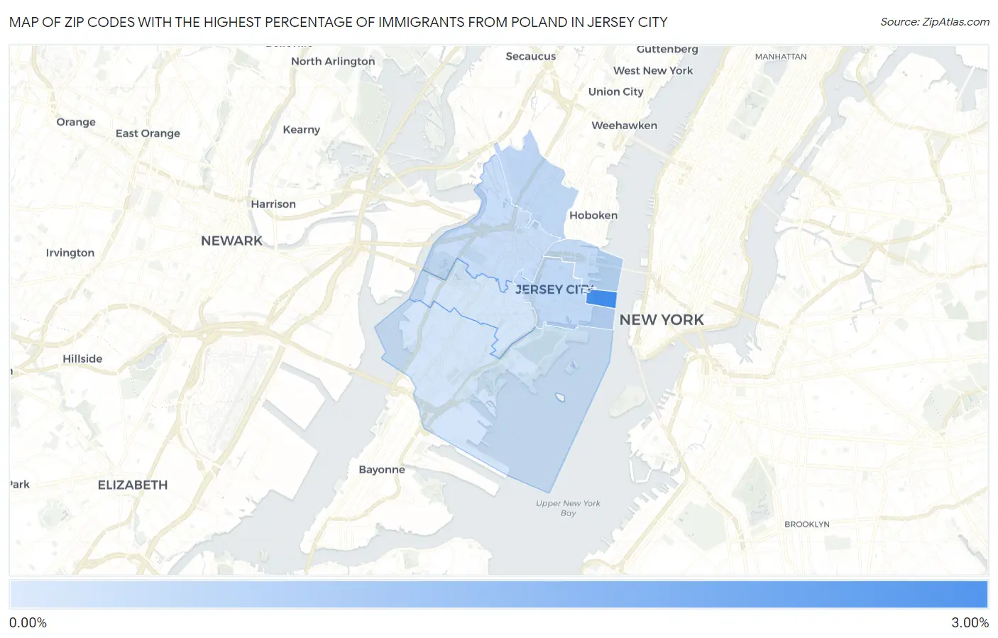 Zip Codes with the Highest Percentage of Immigrants from Poland in Jersey City Map