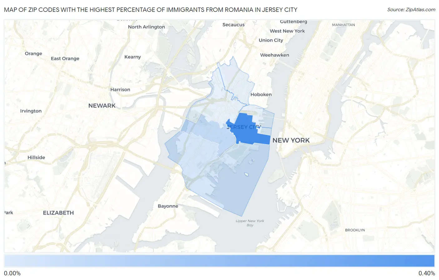 Zip Codes with the Highest Percentage of Immigrants from Romania in Jersey City Map