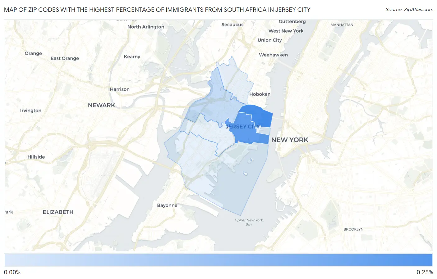 Zip Codes with the Highest Percentage of Immigrants from South Africa in Jersey City Map