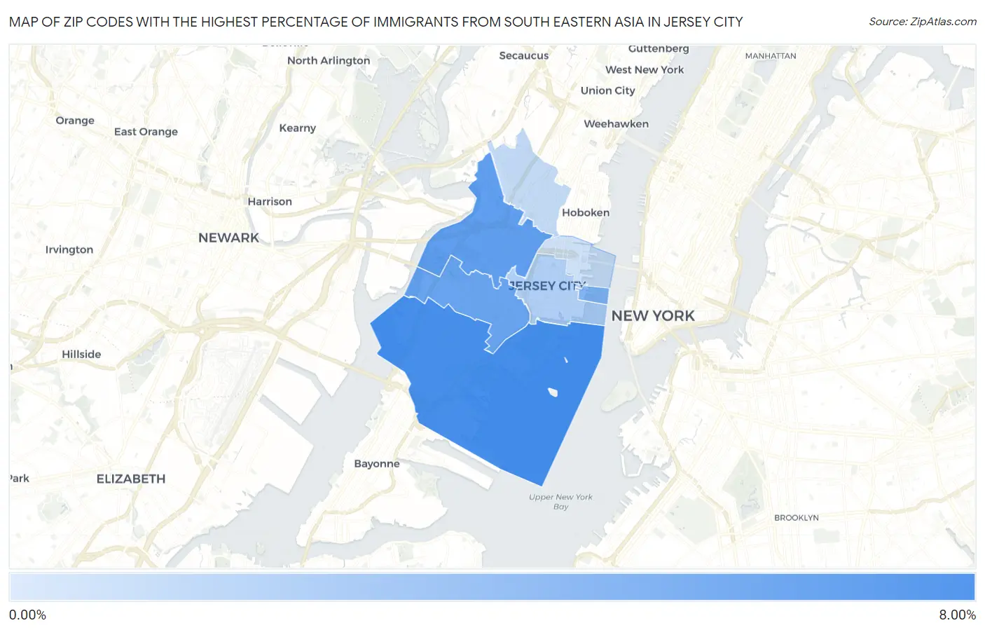 Zip Codes with the Highest Percentage of Immigrants from South Eastern Asia in Jersey City Map