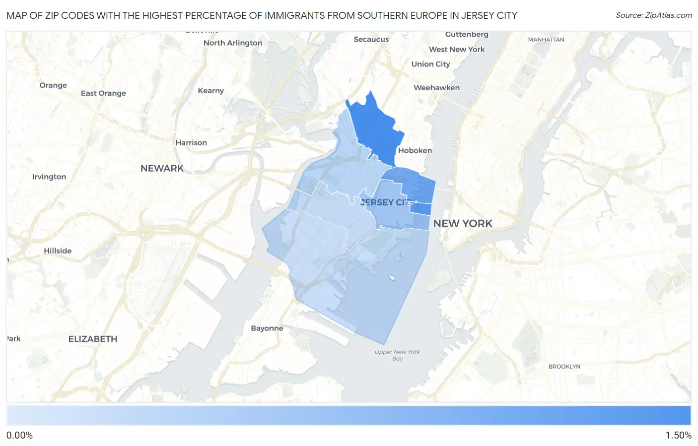 Zip Codes with the Highest Percentage of Immigrants from Southern Europe in Jersey City Map