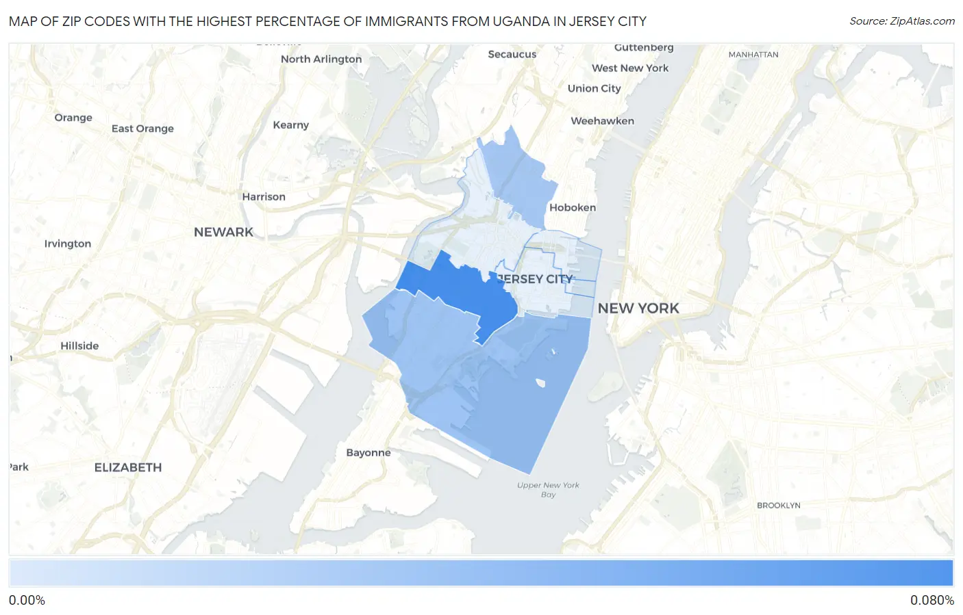 Zip Codes with the Highest Percentage of Immigrants from Uganda in Jersey City Map