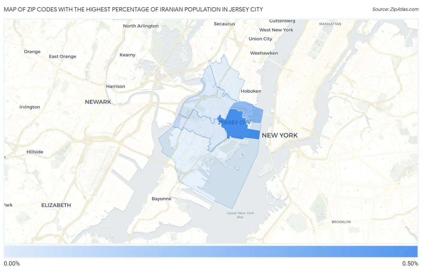 Zip Codes with the Highest Percentage of Iranian Population in Jersey City Map