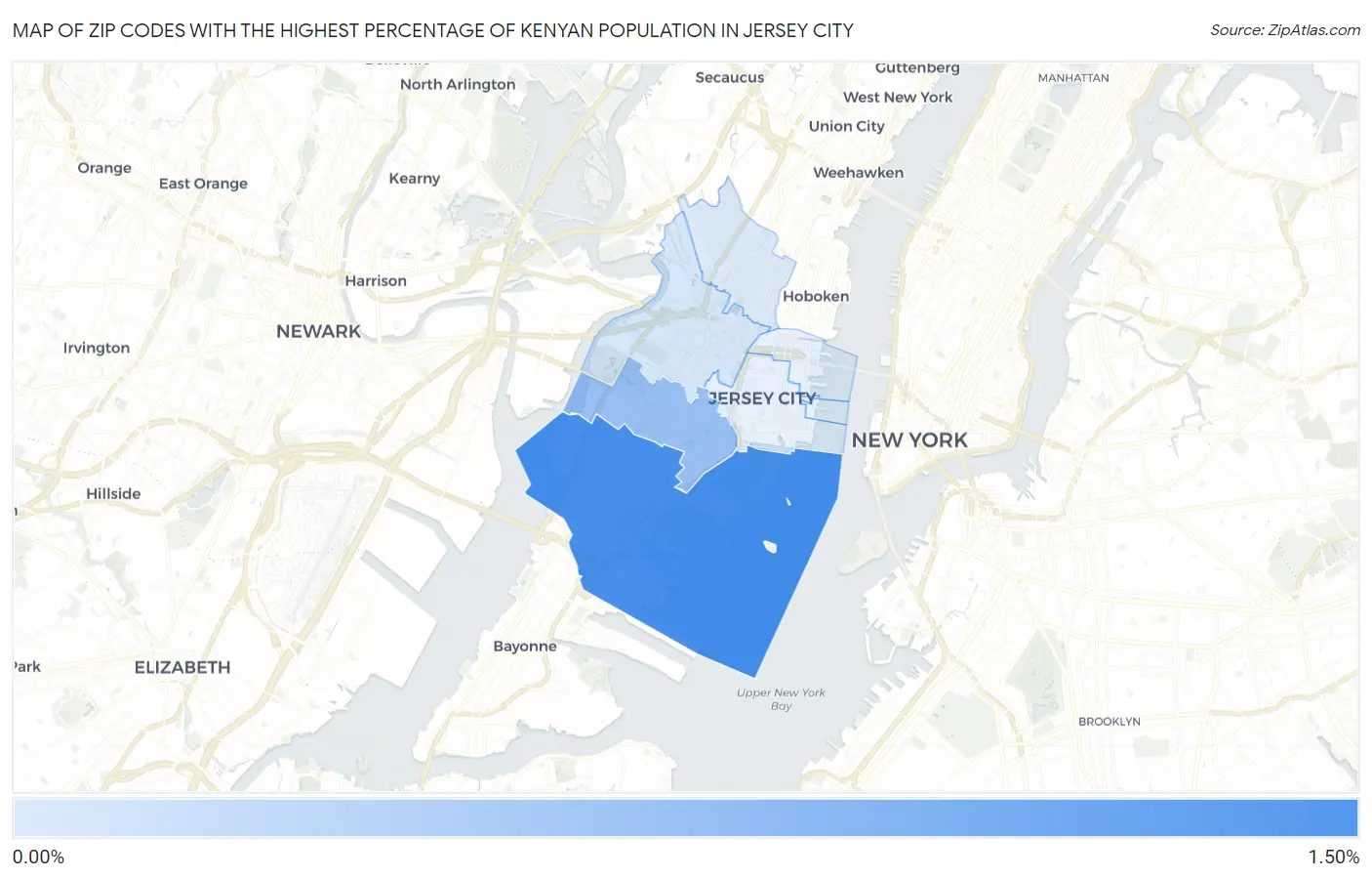 Zip Codes with the Highest Percentage of Kenyan Population in Jersey City Map