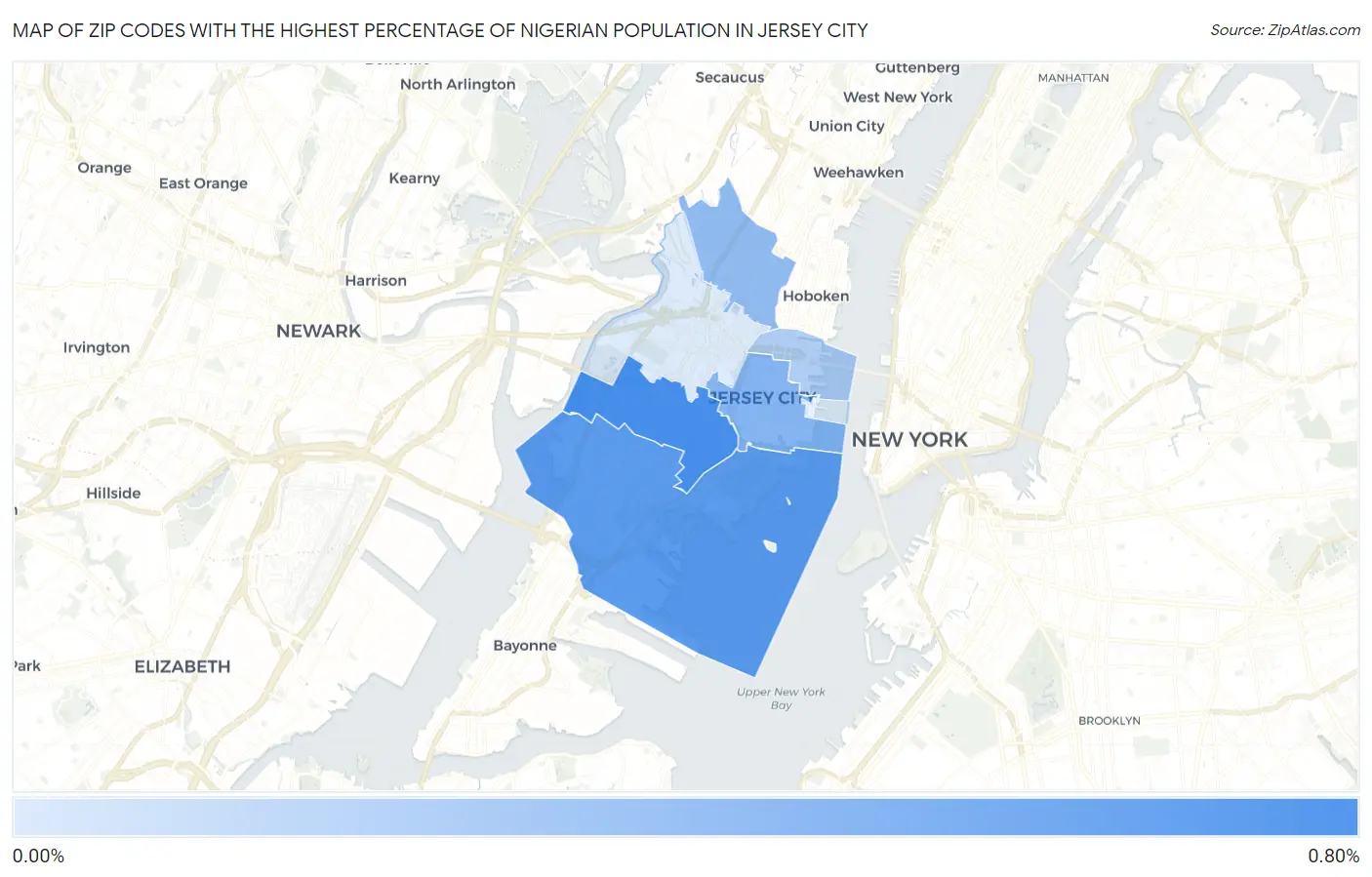 Zip Codes with the Highest Percentage of Nigerian Population in Jersey City Map