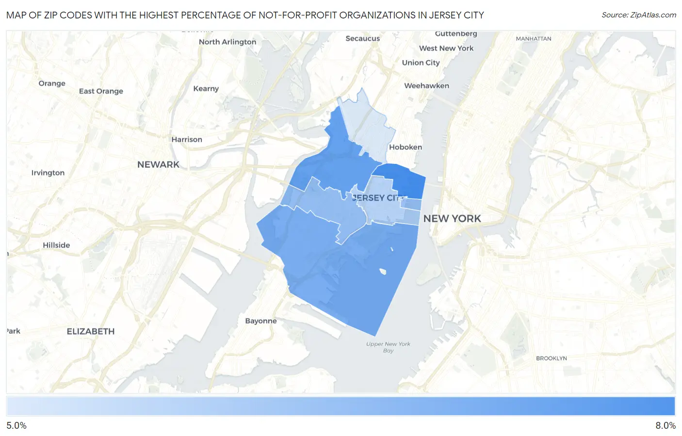 Zip Codes with the Highest Percentage of Not-for-profit Organizations in Jersey City Map