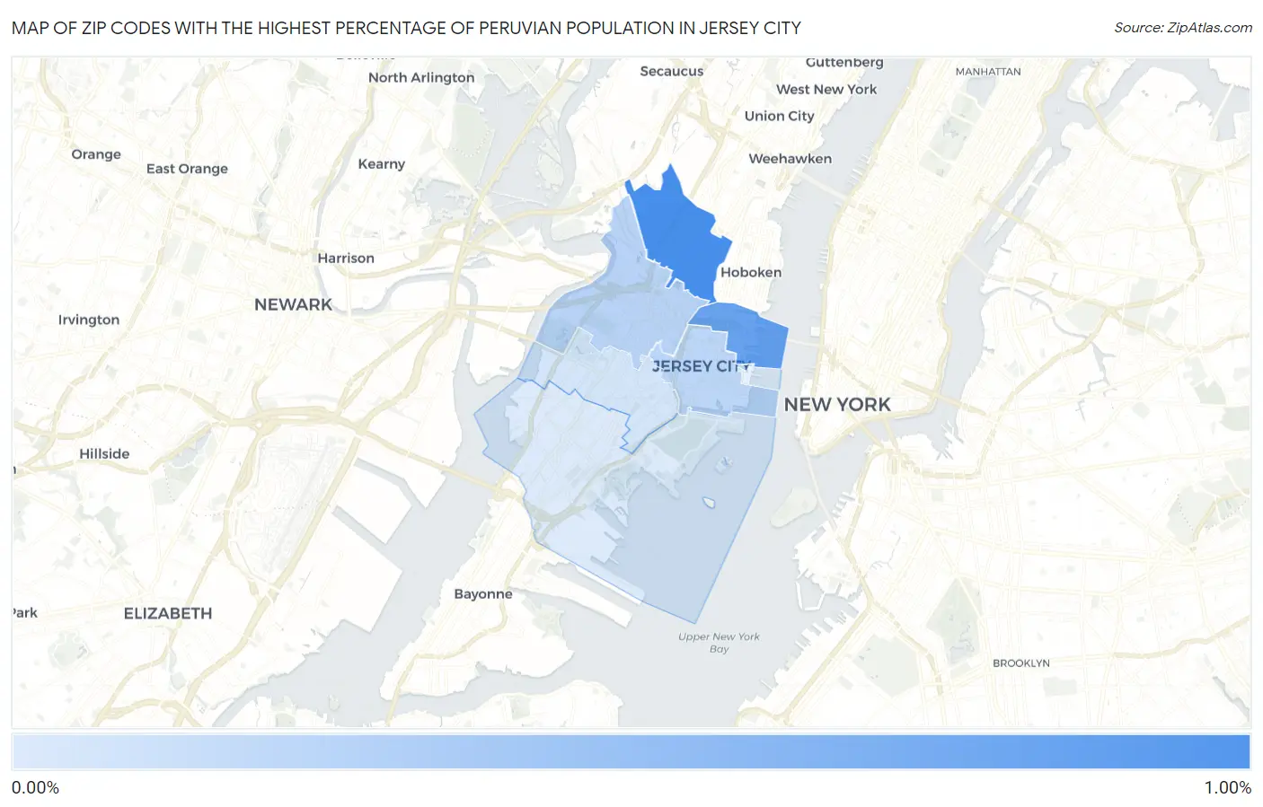 Zip Codes with the Highest Percentage of Peruvian Population in Jersey City Map