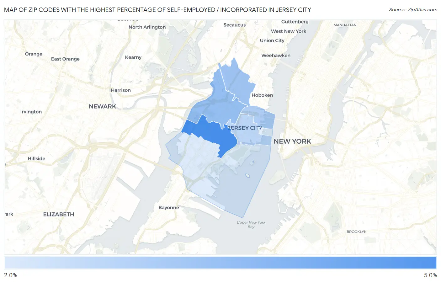 Zip Codes with the Highest Percentage of Self-Employed / Incorporated in Jersey City Map