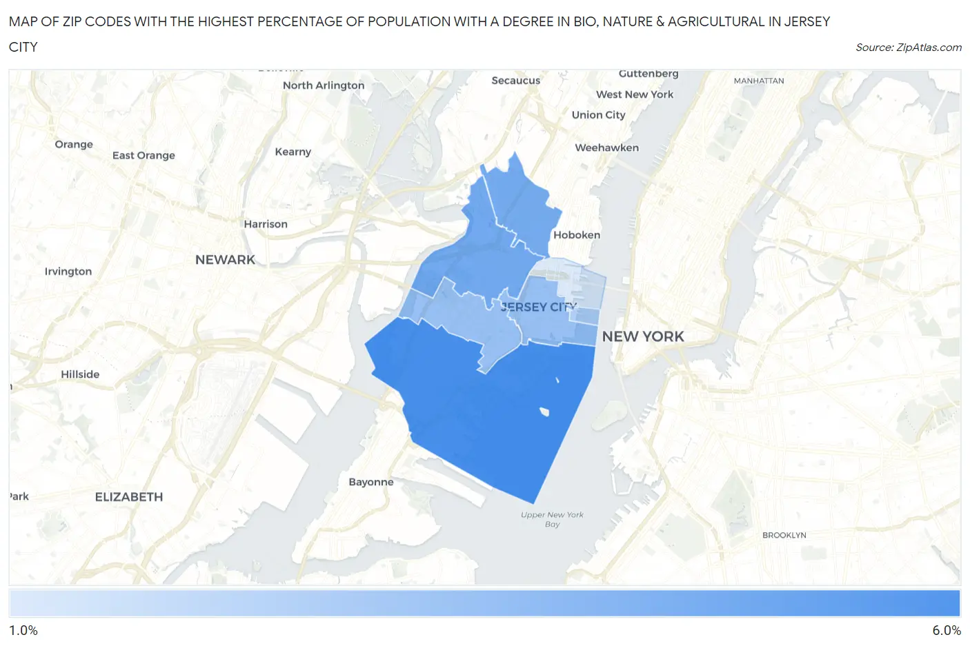 Zip Codes with the Highest Percentage of Population with a Degree in Bio, Nature & Agricultural in Jersey City Map