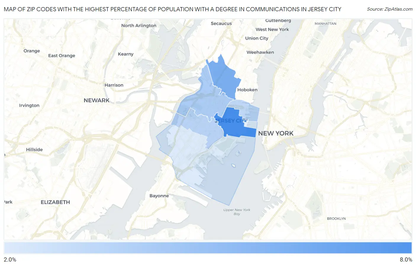 Zip Codes with the Highest Percentage of Population with a Degree in Communications in Jersey City Map