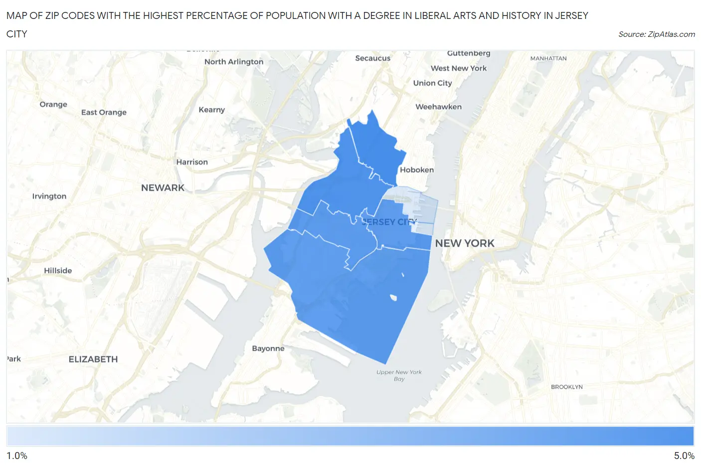 Zip Codes with the Highest Percentage of Population with a Degree in Liberal Arts and History in Jersey City Map