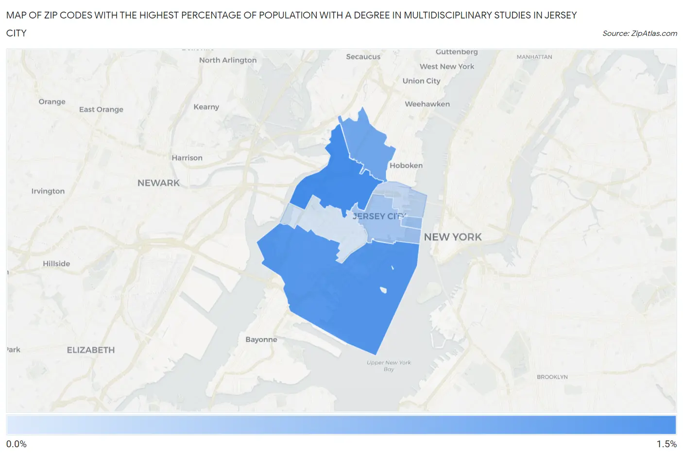 Zip Codes with the Highest Percentage of Population with a Degree in Multidisciplinary Studies in Jersey City Map